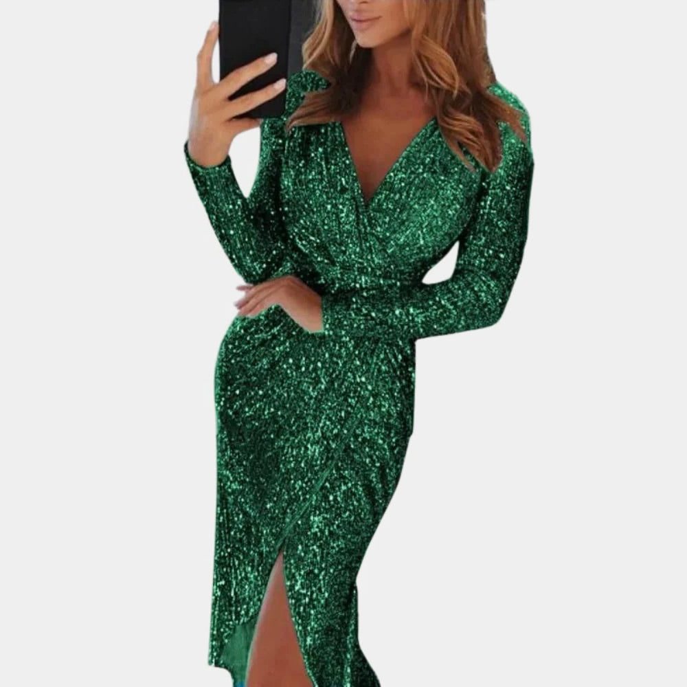 Women's Sequin Wrap Midi Dress | V-Neck Long Sleeve