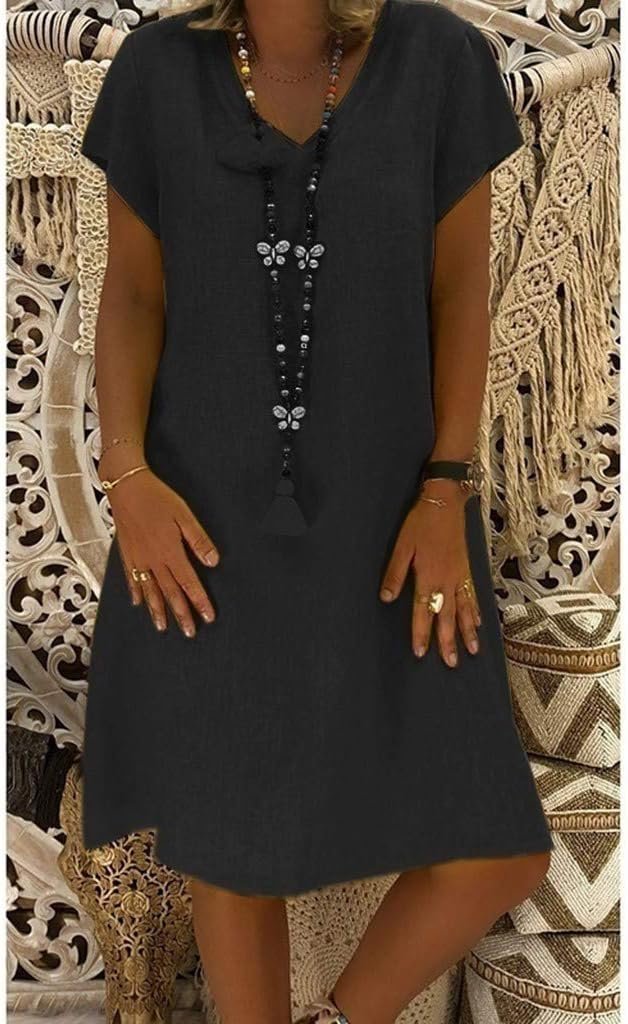 Linen V-Neck A-Line Mini Dress with Short Sleeves
