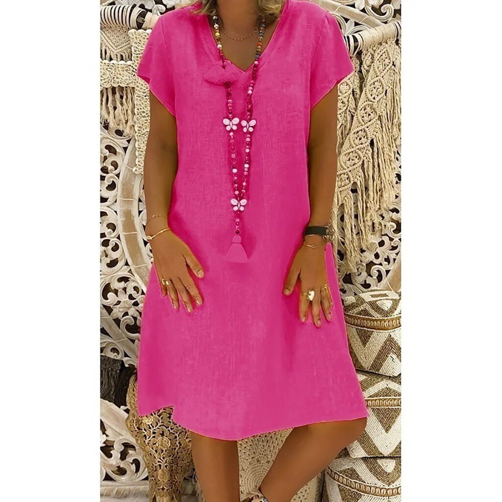 Linen V-Neck A-Line Mini Dress with Short Sleeves