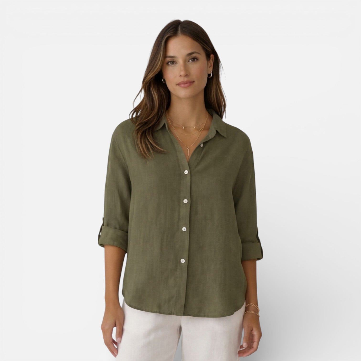 Linen Button-Up Shirt with Relaxed Fit and Roll-Up Sleeves