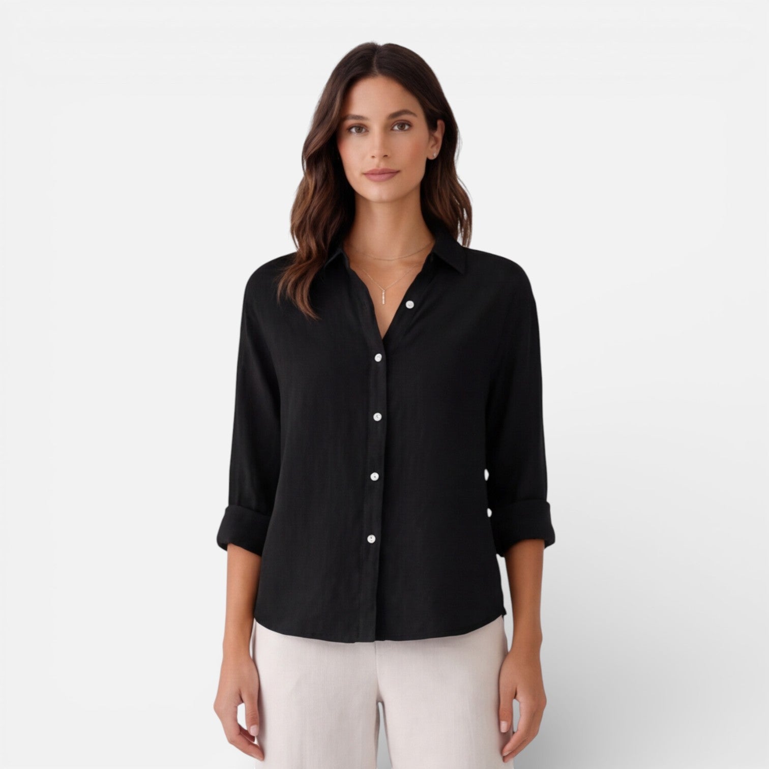 Linen Button-Up Shirt with Relaxed Fit and Roll-Up Sleeves