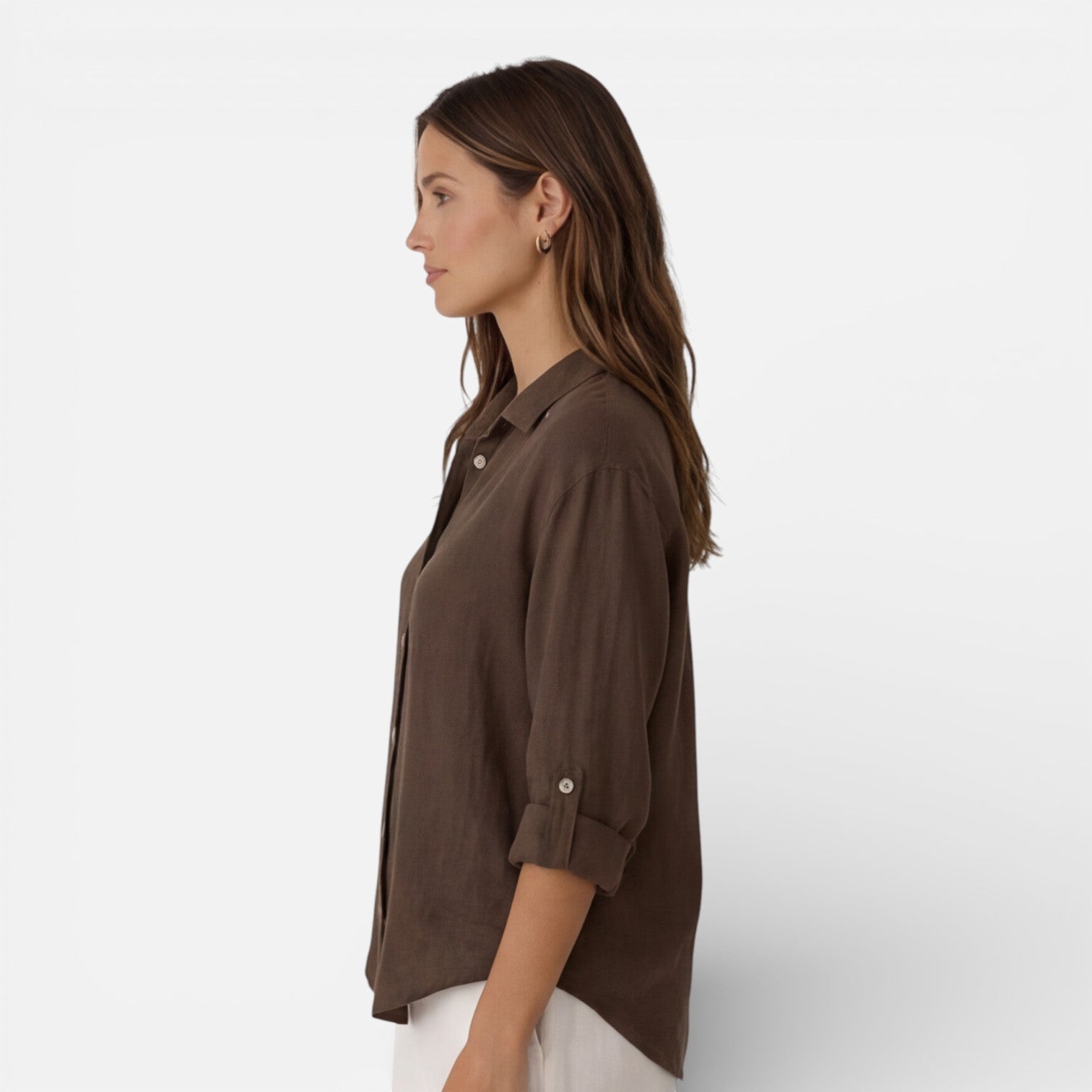 Linen Button-Up Shirt with Relaxed Fit and Roll-Up Sleeves