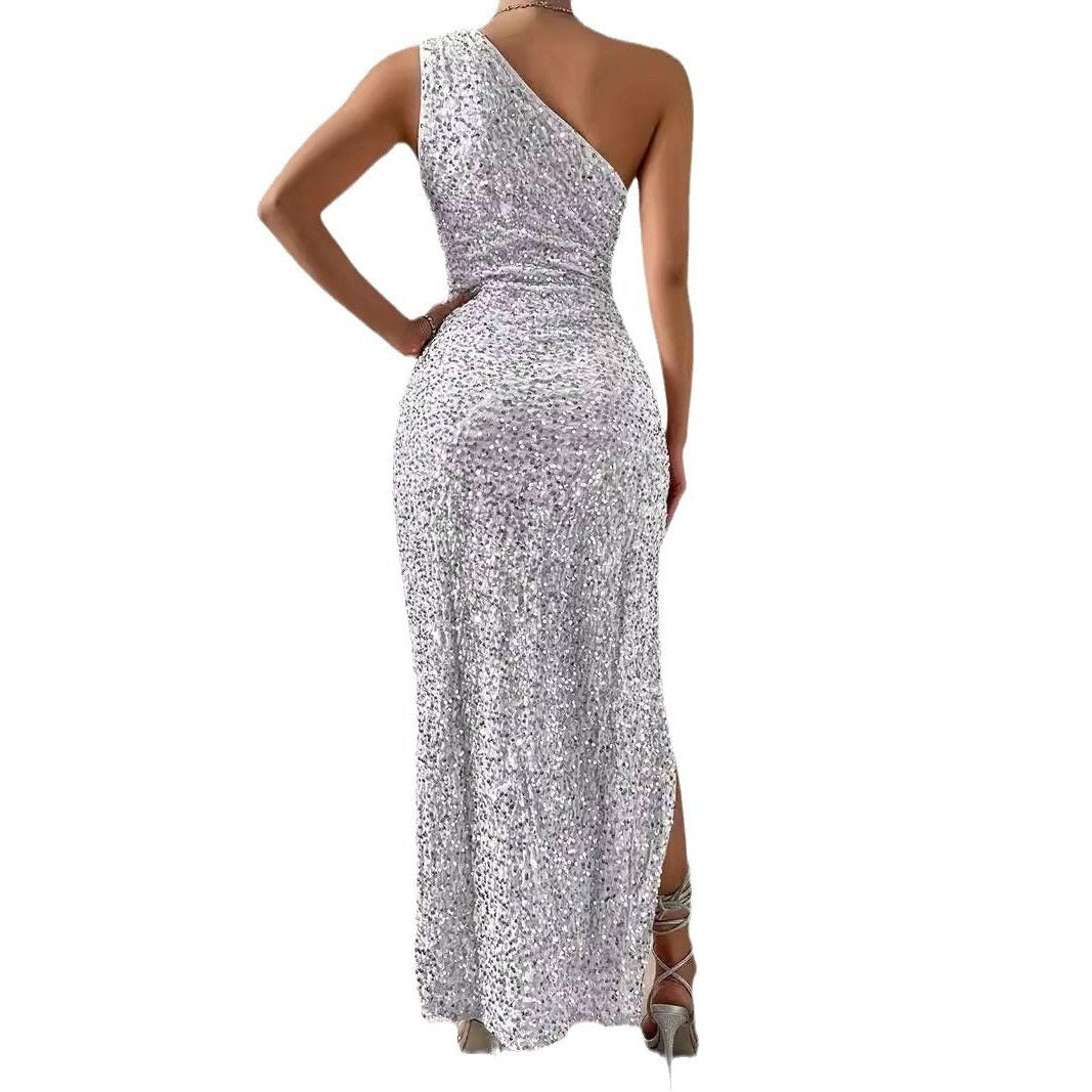 Women's Sequin One-Shoulder Maxi Dress with High Leg Split
