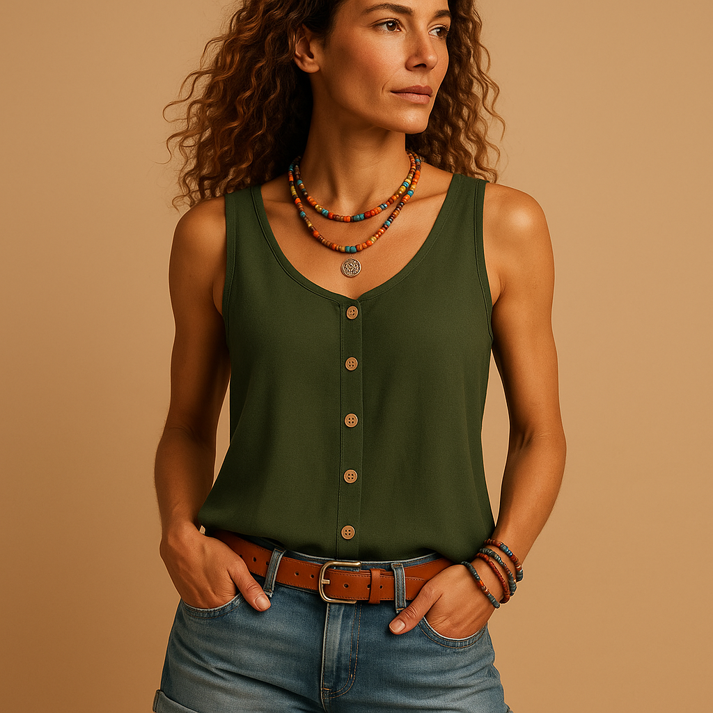 Button-Front Tank Top with Scoop Neck