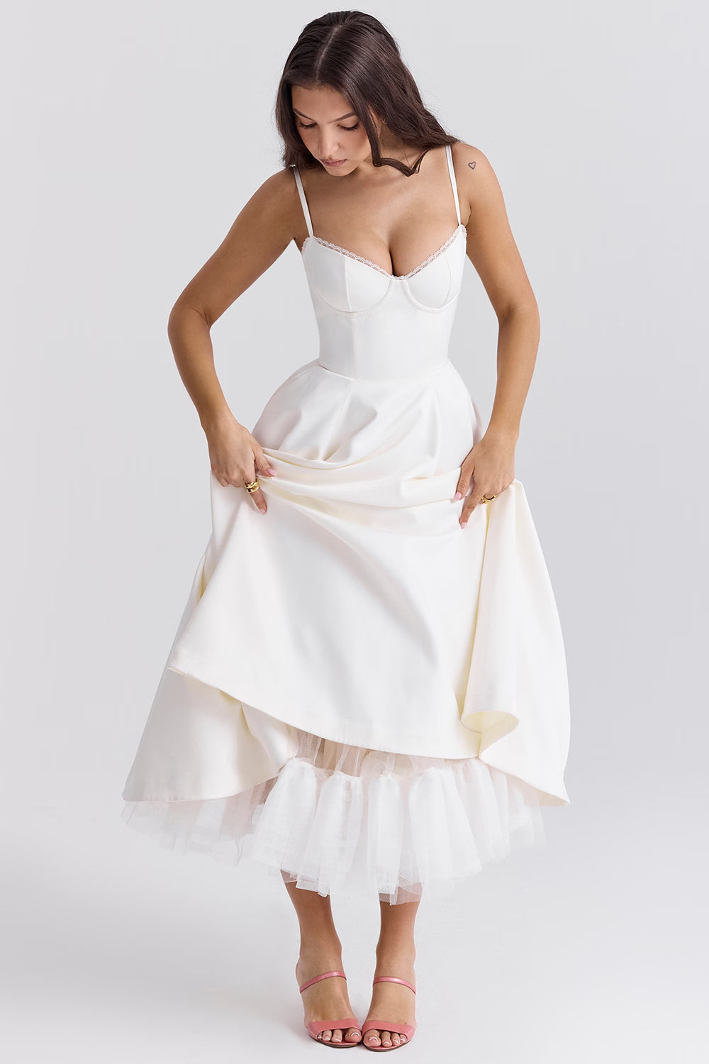Corset Midi Dress with Sweetheart Neckline and Full Skirt