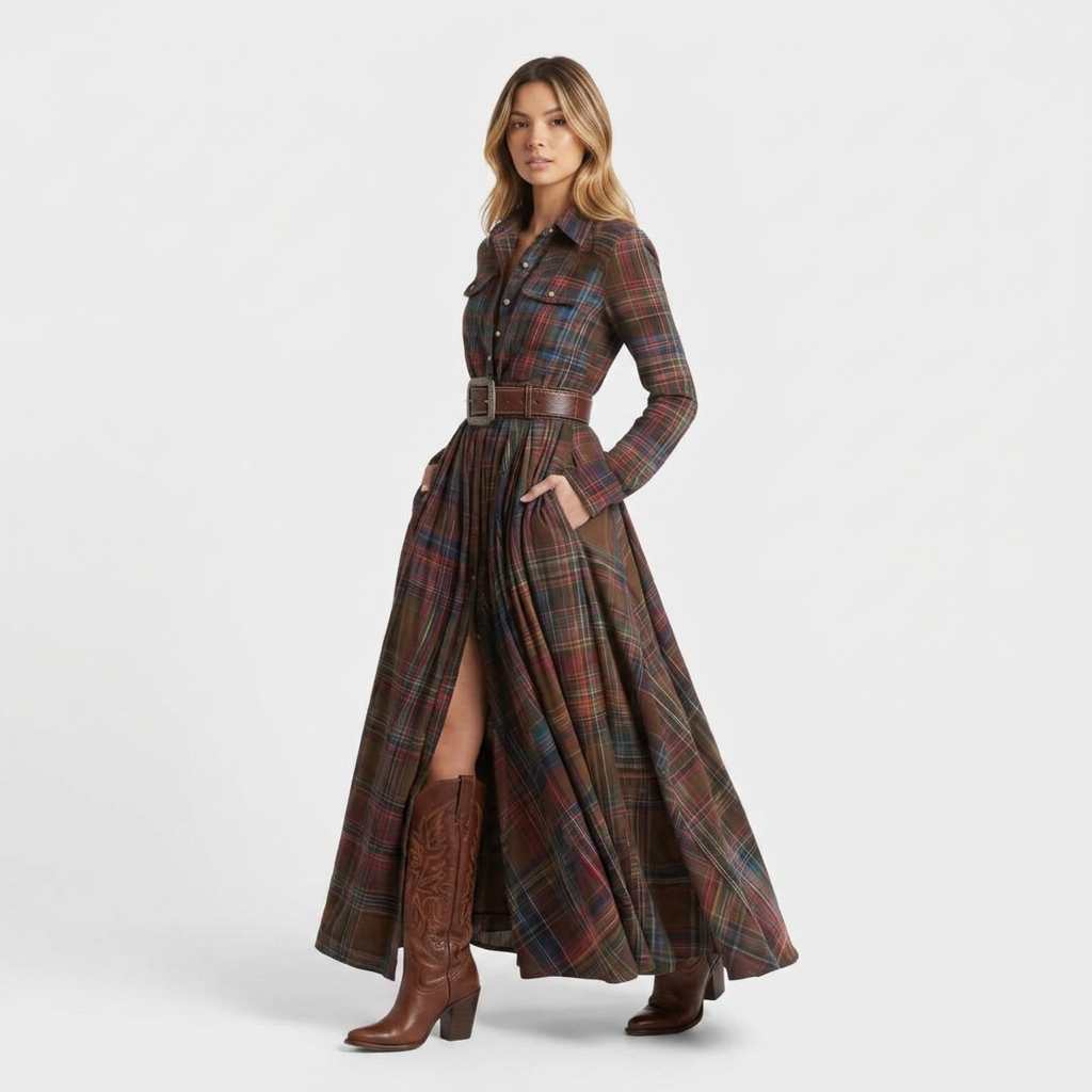 Robe-chemise longue à carreaux tartan pour femme, manches longues