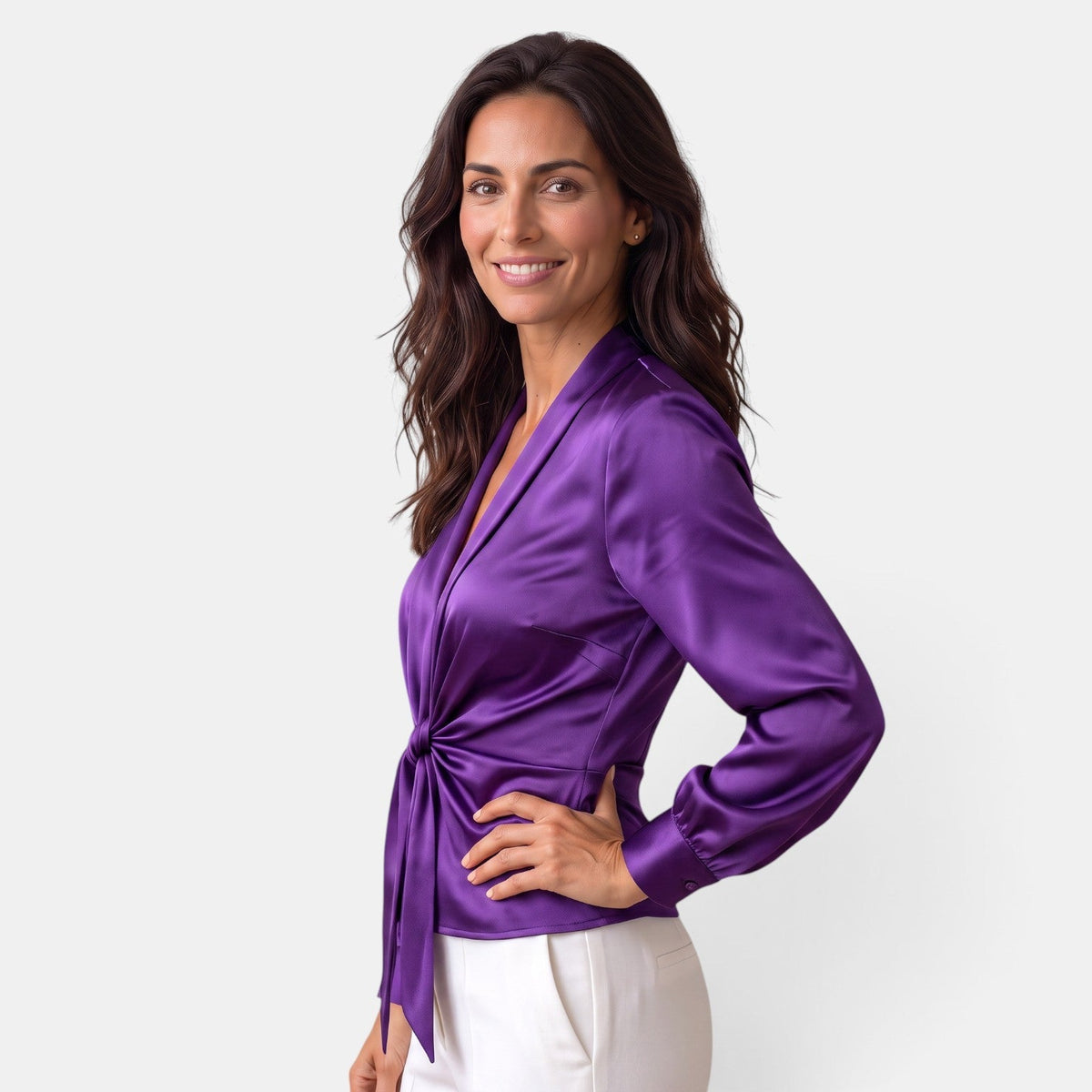 Women’s Satin Tie-Front Blouse with Long Sleeves