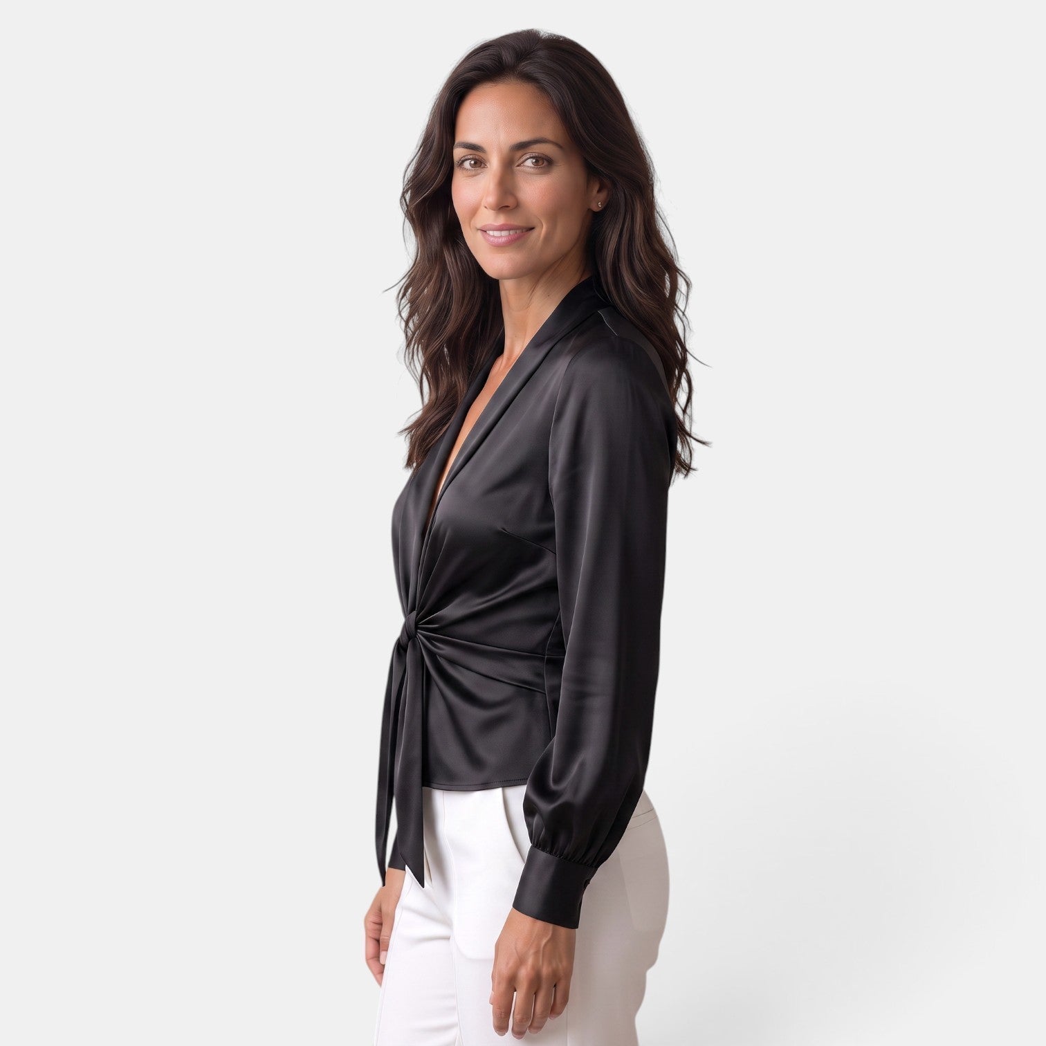 Women’s Satin Tie-Front Blouse with Long Sleeves