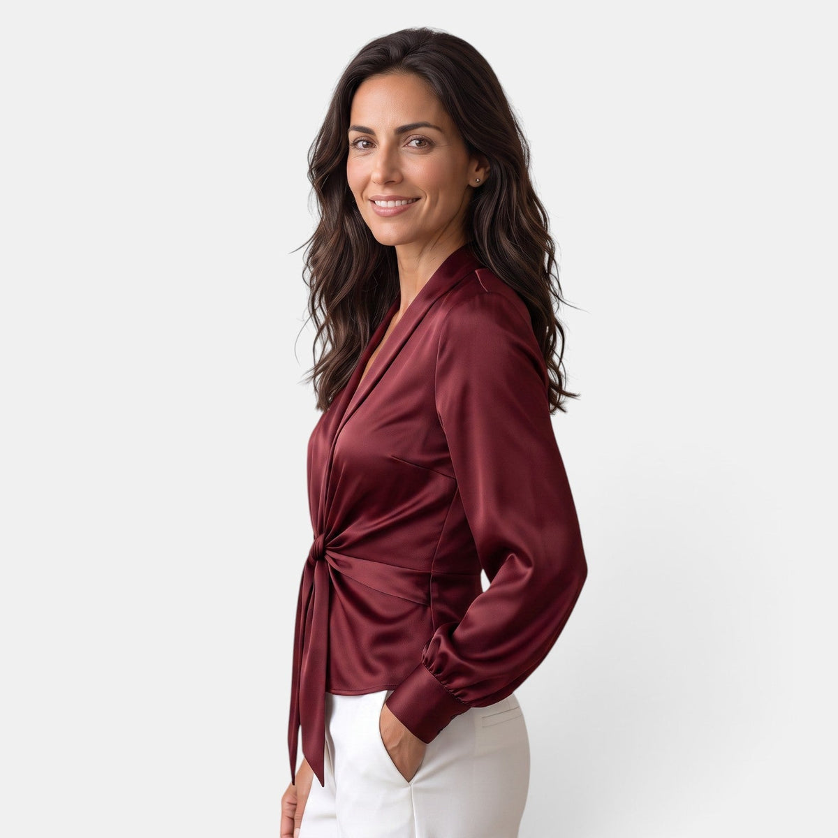 Women’s Satin Tie-Front Blouse with Long Sleeves