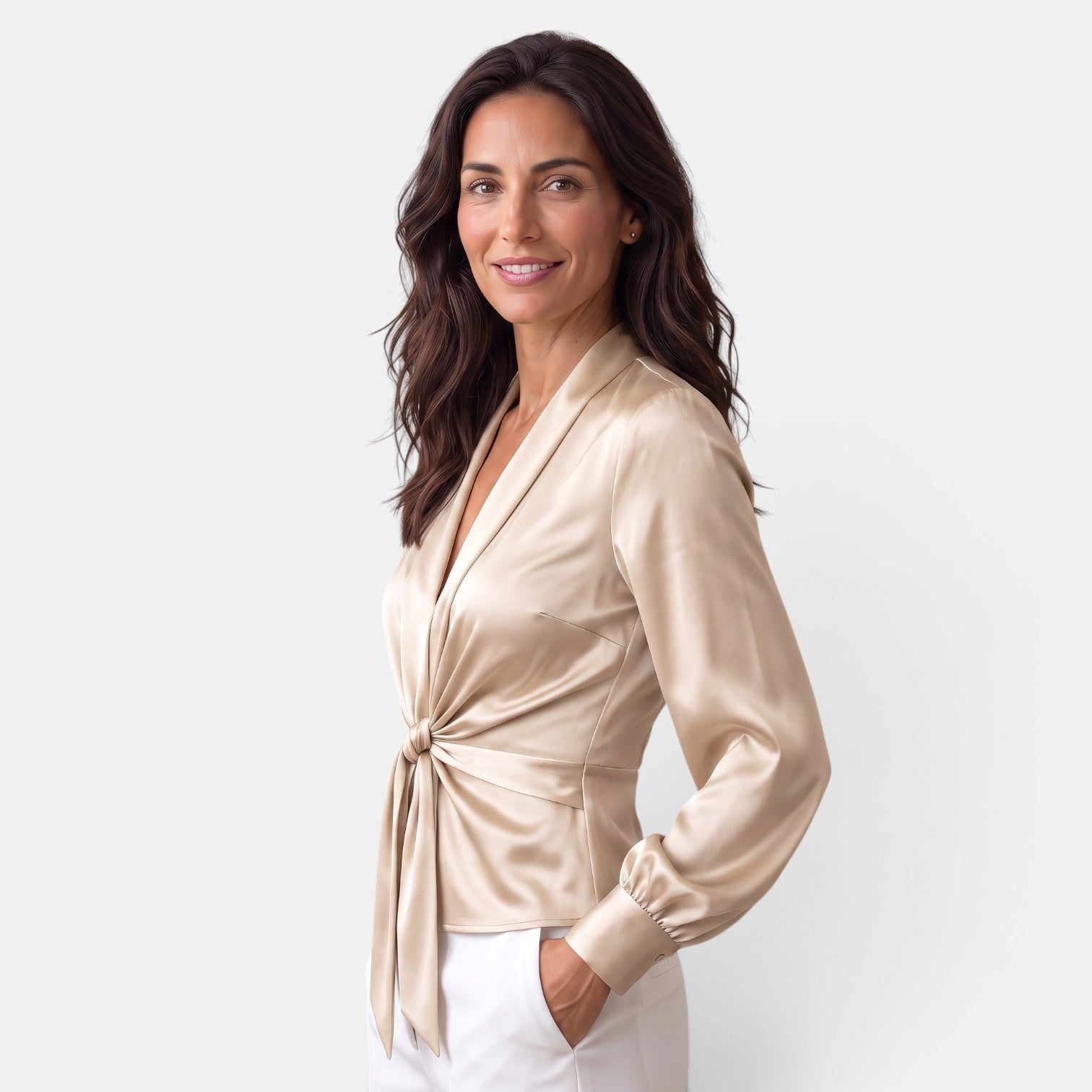 Blouse en satin pour femme, à nouer sur le devant et à manches longues