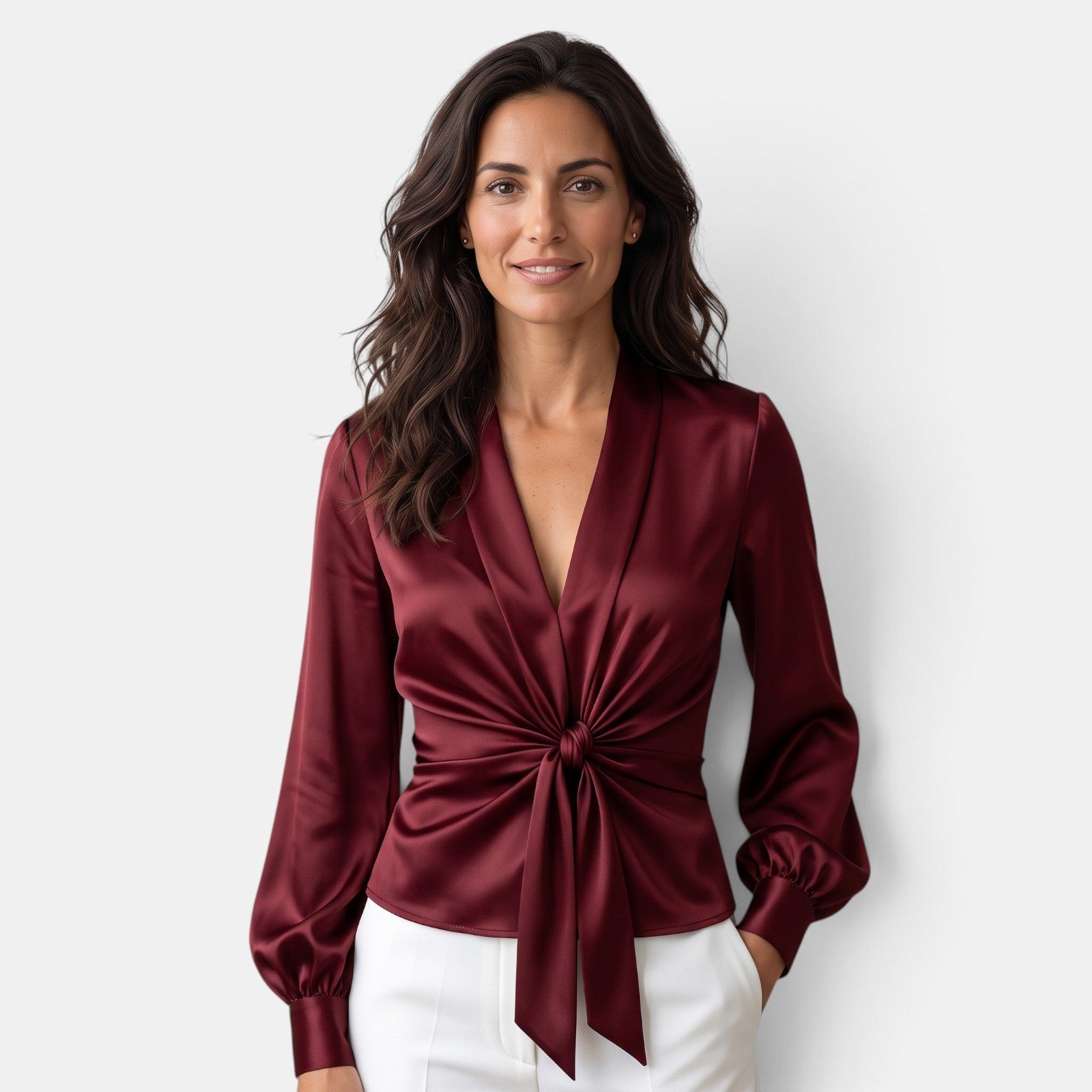 Women’s Satin Tie-Front Blouse with Long Sleeves