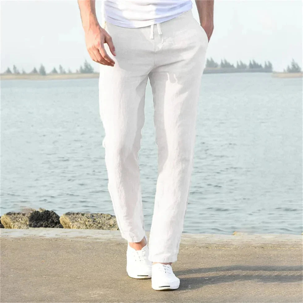 Men's Straight Leg Linen Trousers with Elastic Waist