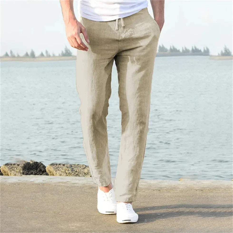 Men's Straight Leg Linen Trousers with Elastic Waist