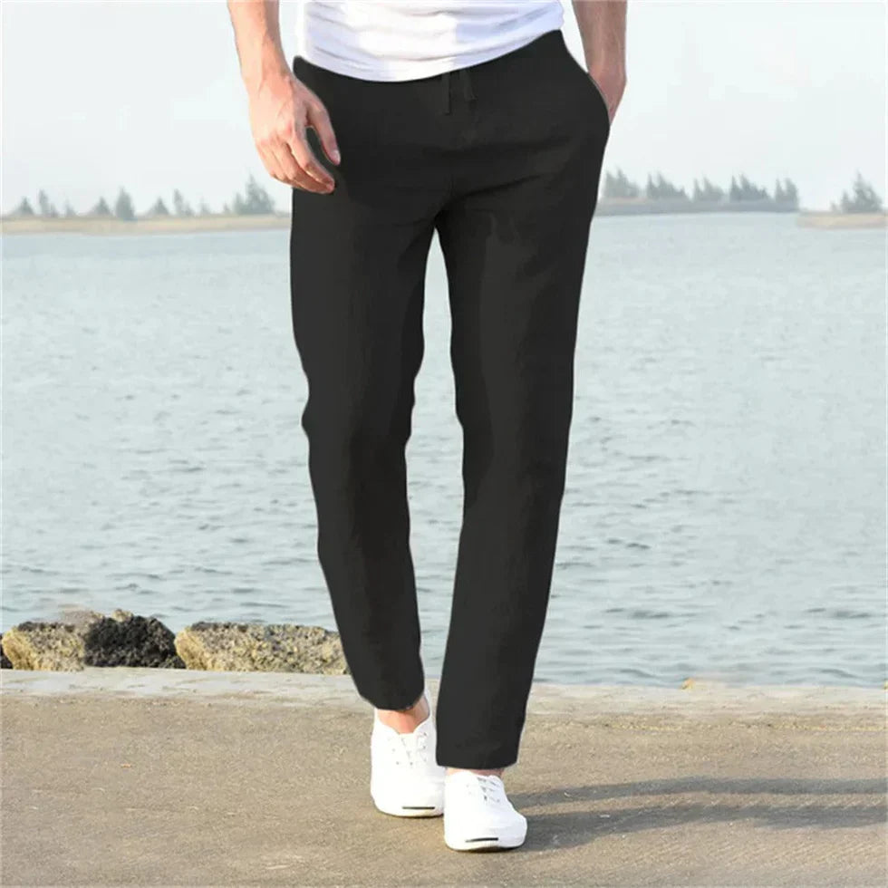 Men's Straight Leg Linen Trousers with Elastic Waist