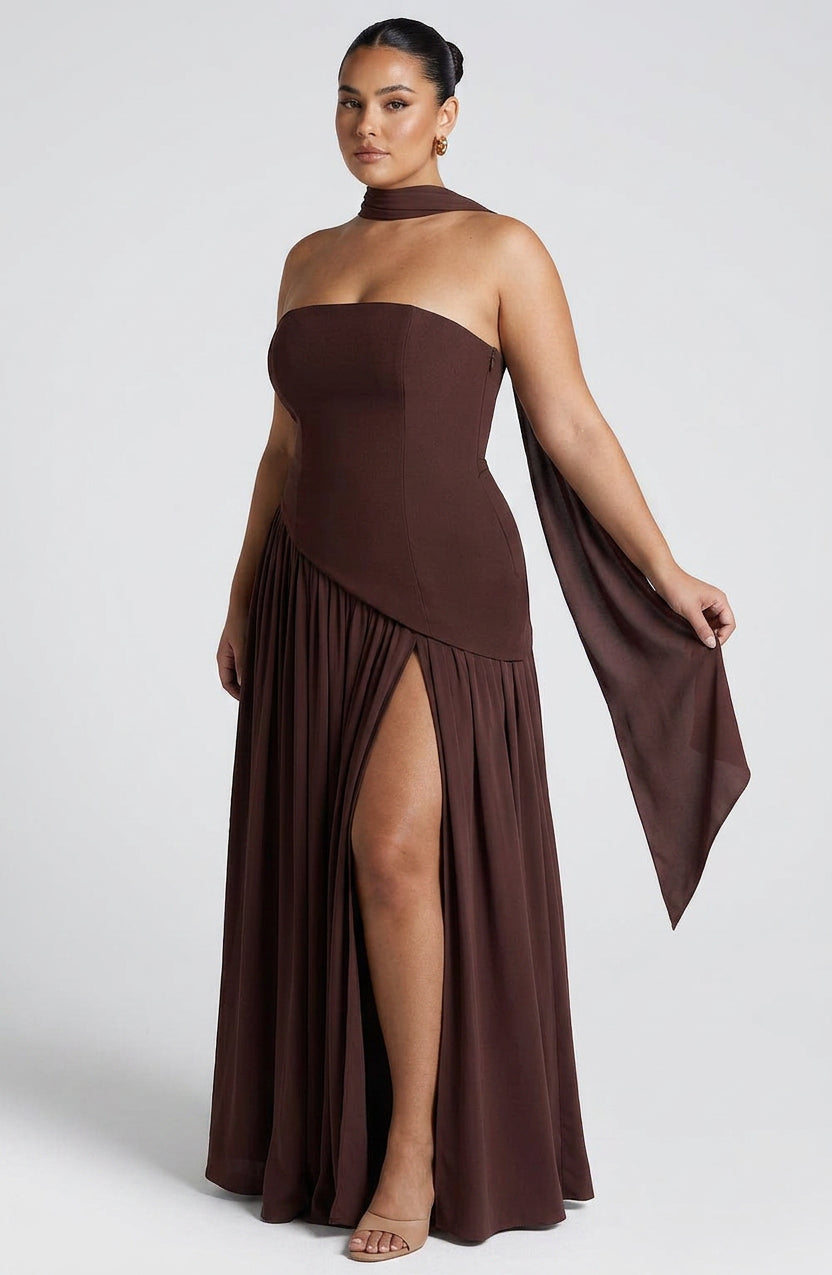 Women’s Strapless Maxi Dress with Asymmetric Waist & Split