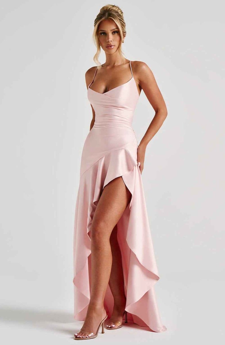 Satin Maxi Dress with Cowl Neck and Ruffle Hem