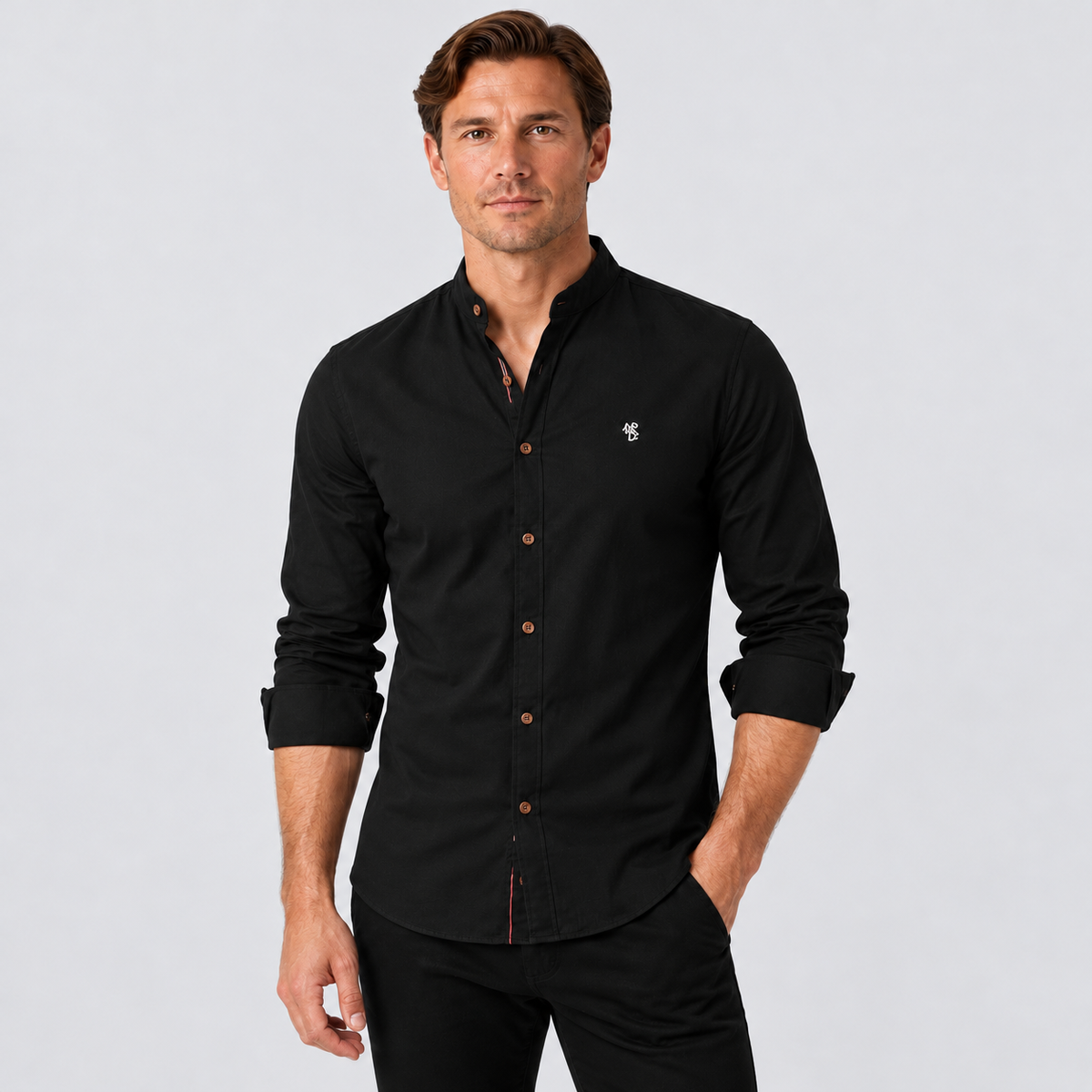 Men's Collarless Long Sleeve Shirt | Stand Collar Button-Up