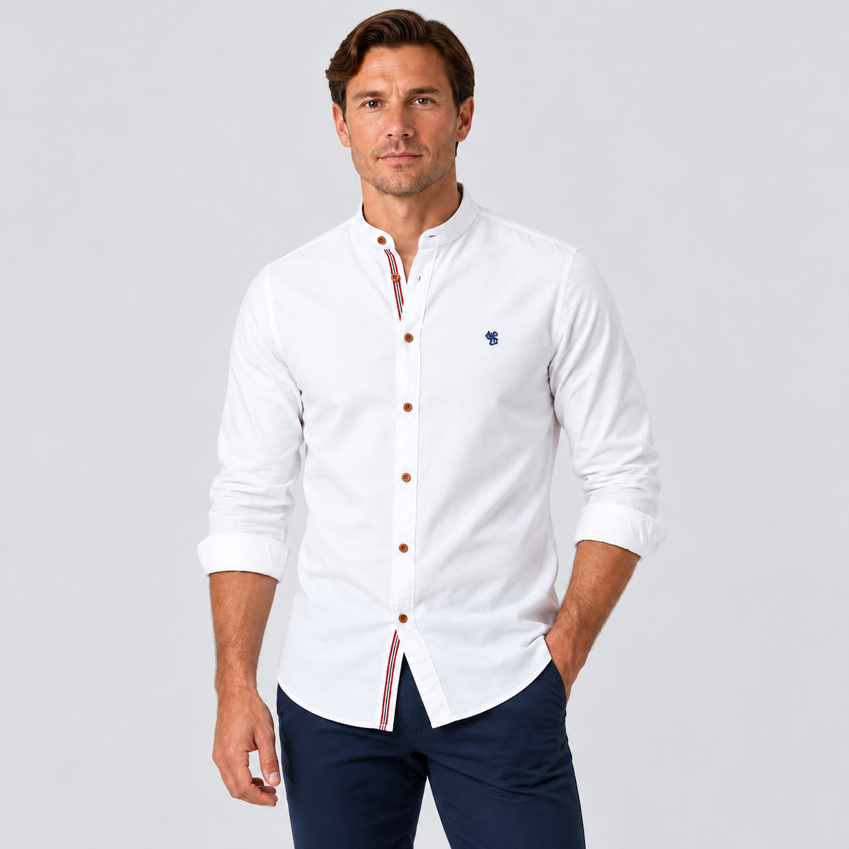 Men's Collarless Long Sleeve Shirt | Stand Collar Button-Up
