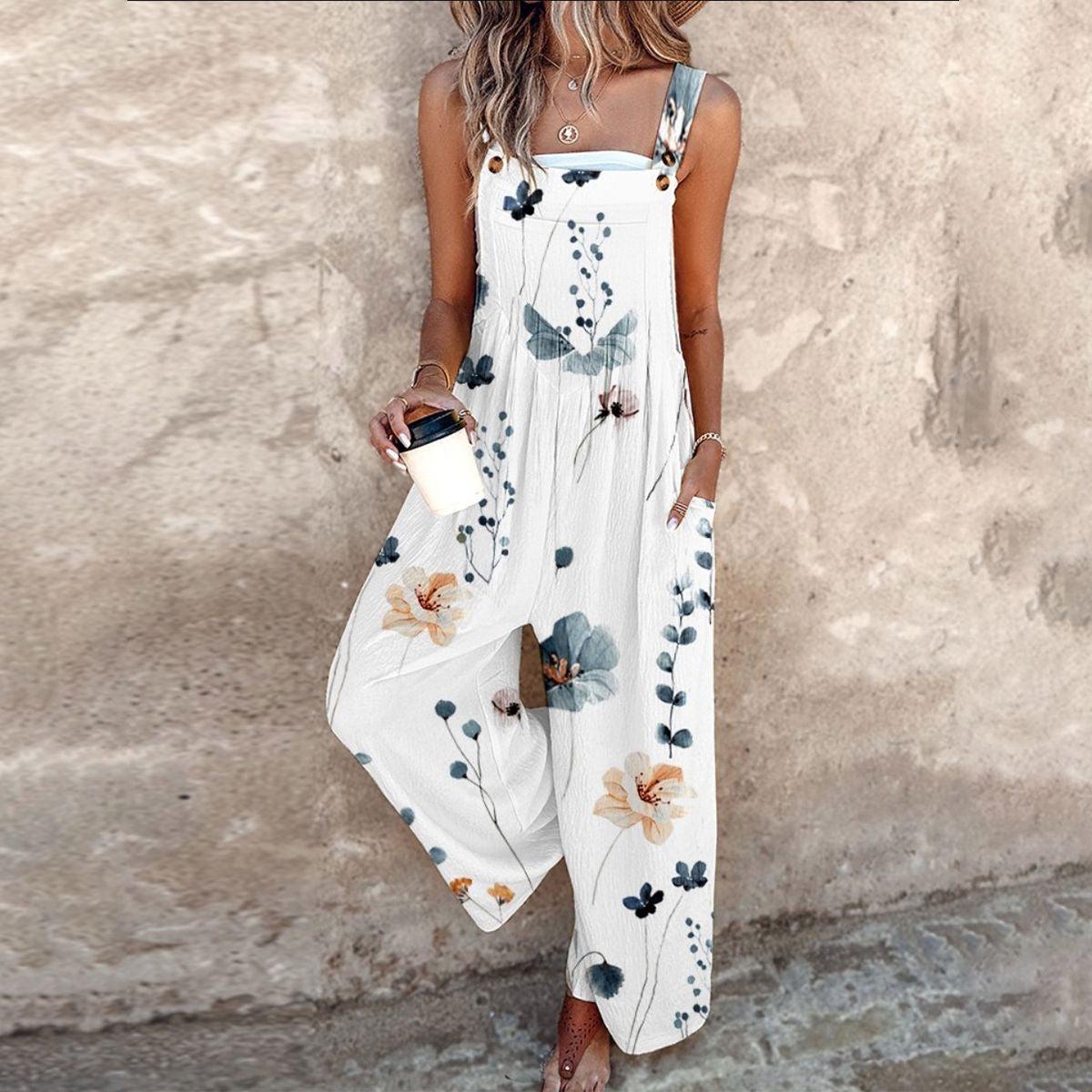 Women's Floral Wide Leg Dungaree Jumpsuit
