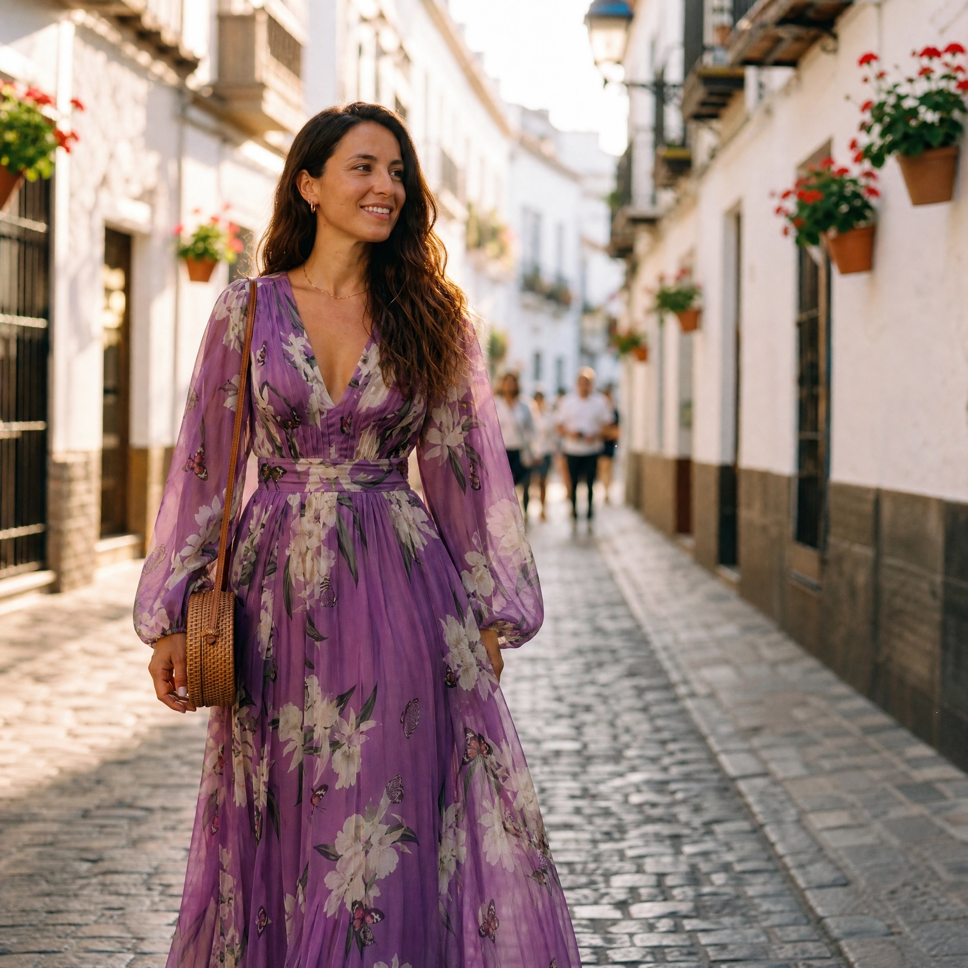 Women's Floral V-Neck Maxi Dress with Tie Waist