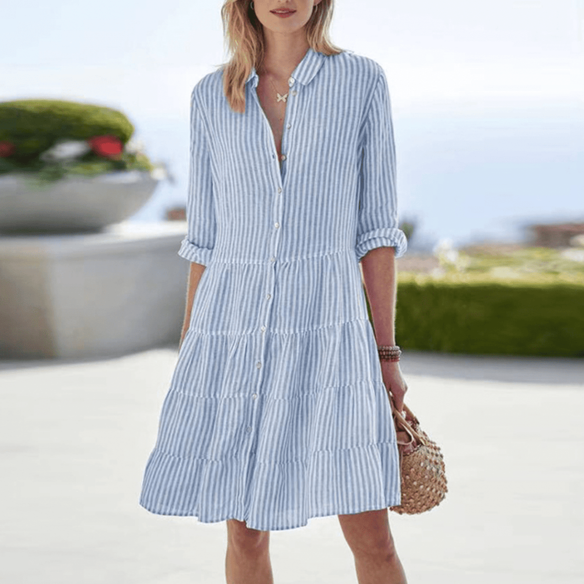 Women's Striped Shirt Dress | Button-Front A-Line Midi
