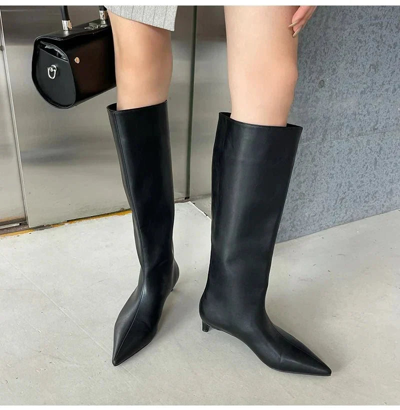 Damskie kozaki do kolan ze szpiczastym noskiem i obcasem typu kitten heel