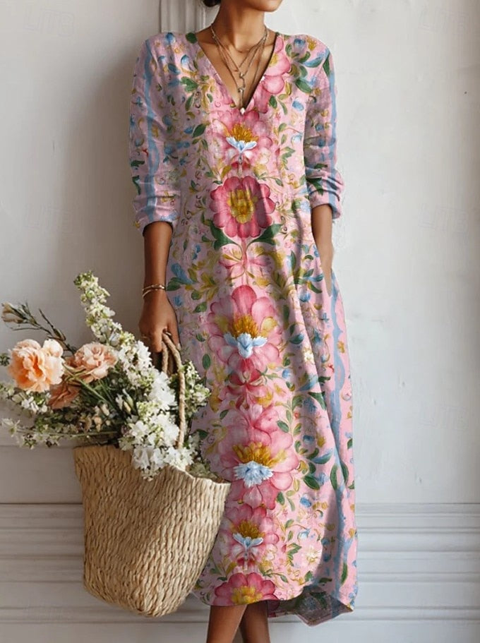 Floral Print Midi Dress with V-Neckline