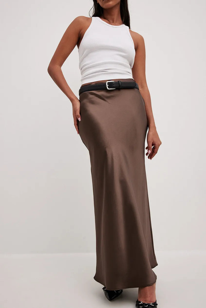 Jupe midi satinée pour femme | Jupe trapèze taille haute
