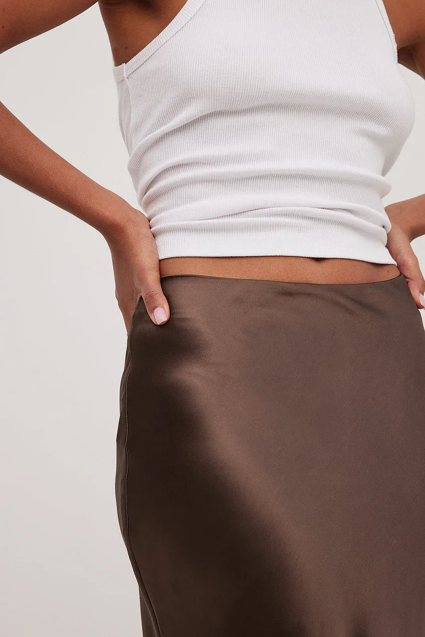 Jupe midi satinée pour femme | Jupe trapèze taille haute