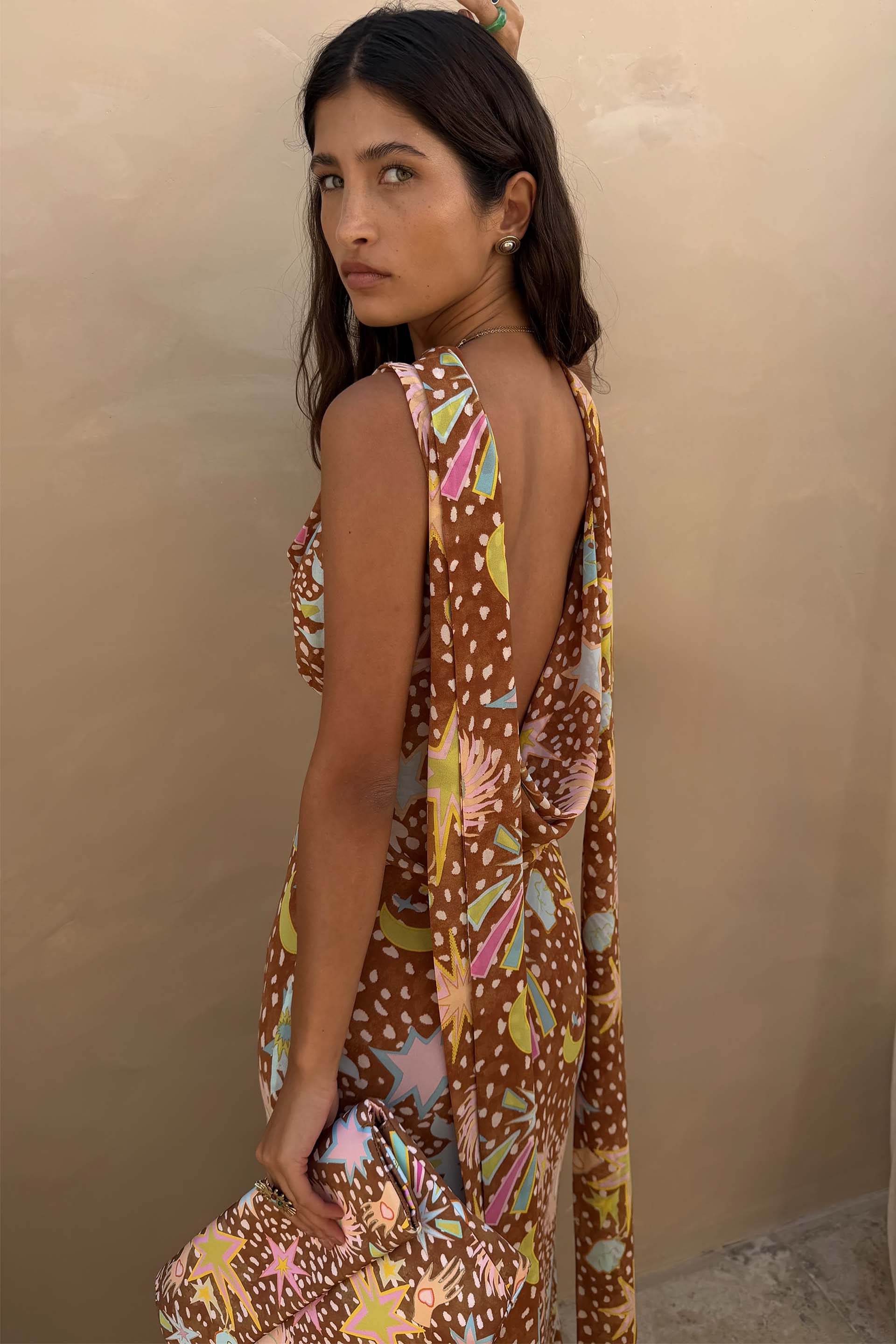 Satin Maxi Dress with Cutout Collar Detail