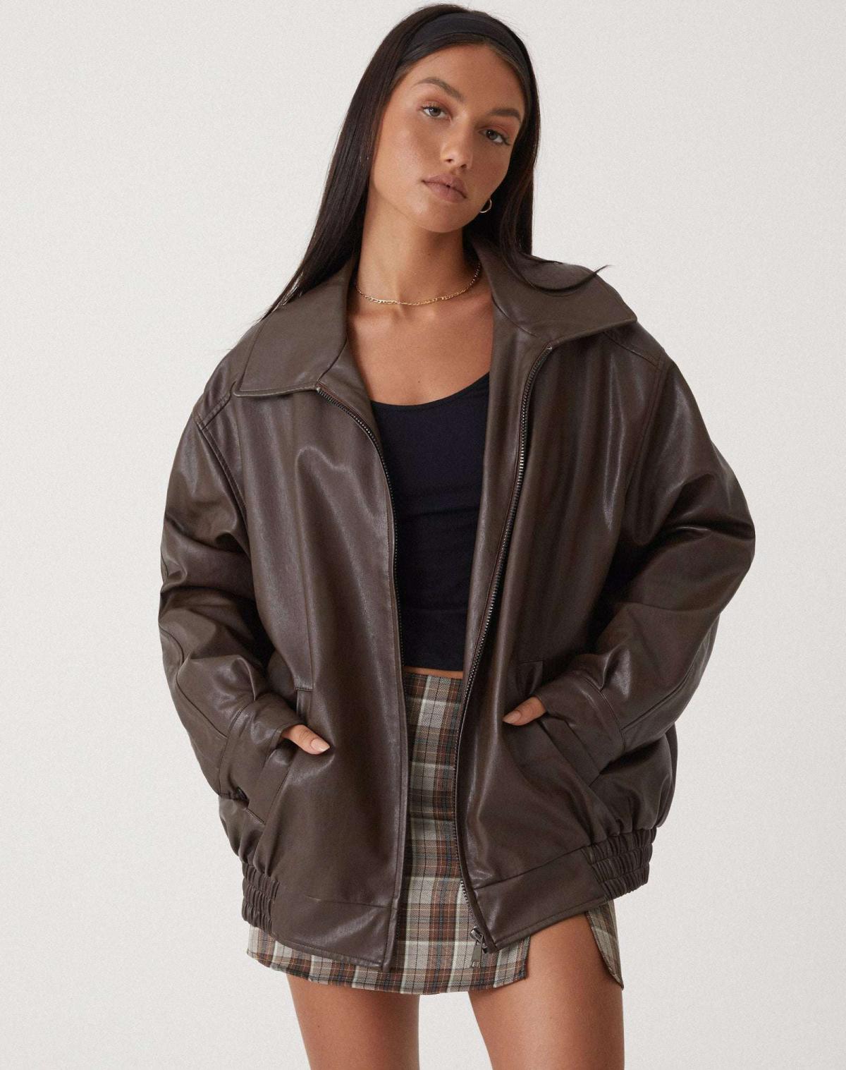 Women's Oversized Leather-Look Bomber Jacket