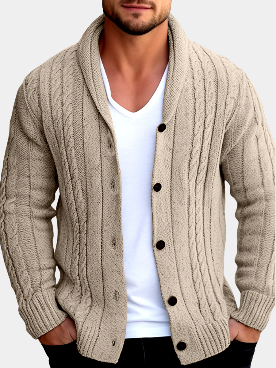 Men's Cable Knit Cardigan with Shawl Collar