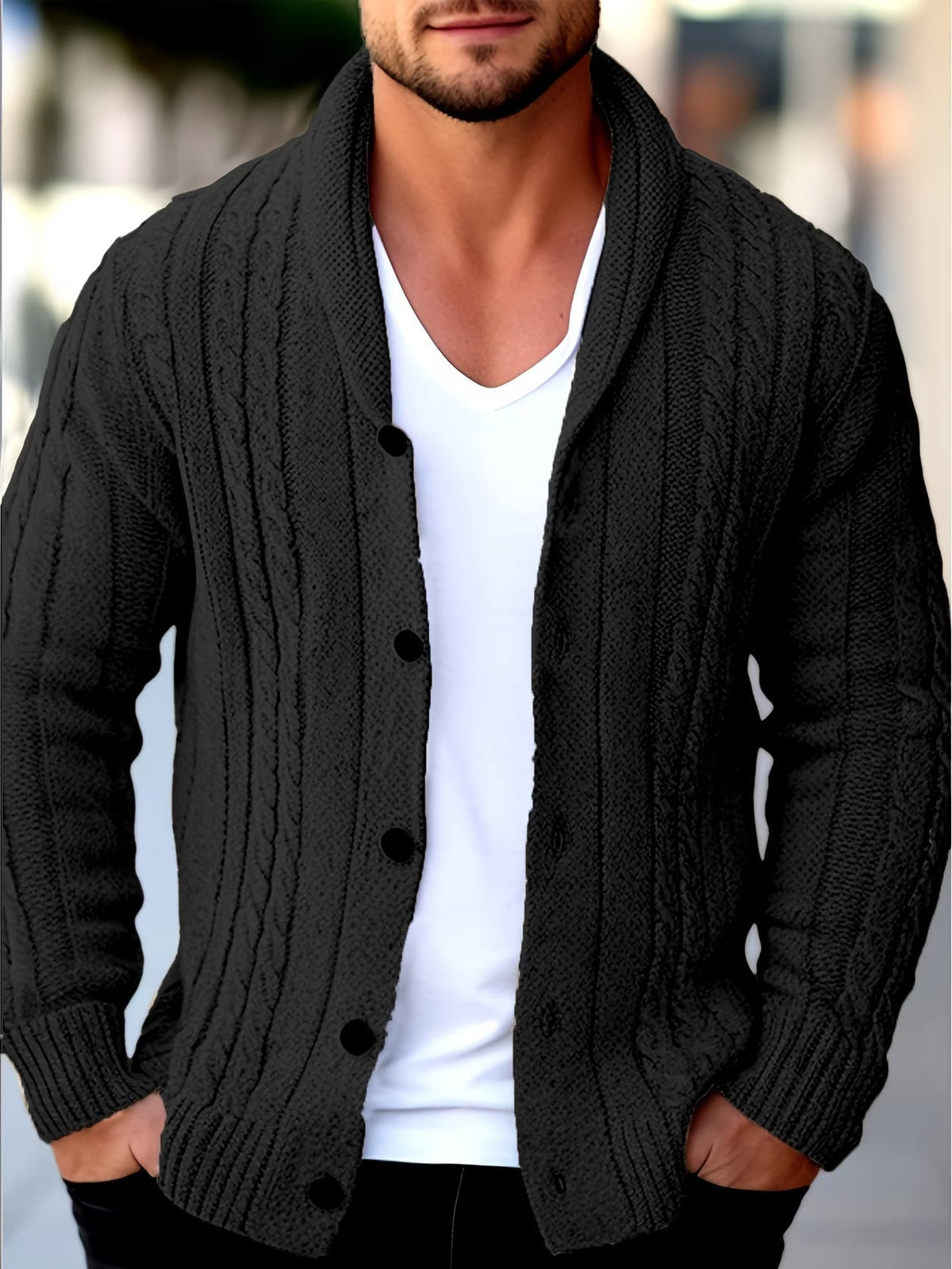 Men's Cable Knit Cardigan with Shawl Collar