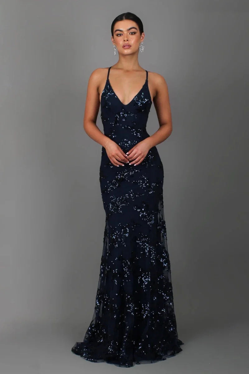 Sequin Evening Gown with Deep V-Neck and Open Back
