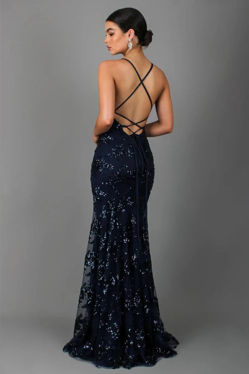 Sequin Evening Gown with Deep V-Neck and Open Back
