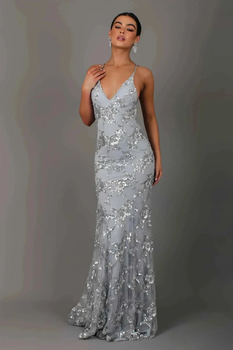 Sequin Evening Gown with Deep V-Neck and Open Back
