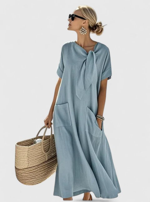Tie-Neck Midi Dress with Loose Fit and Pockets