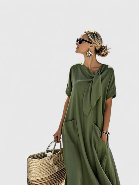 Tie-Neck Midi Dress with Loose Fit and Pockets
