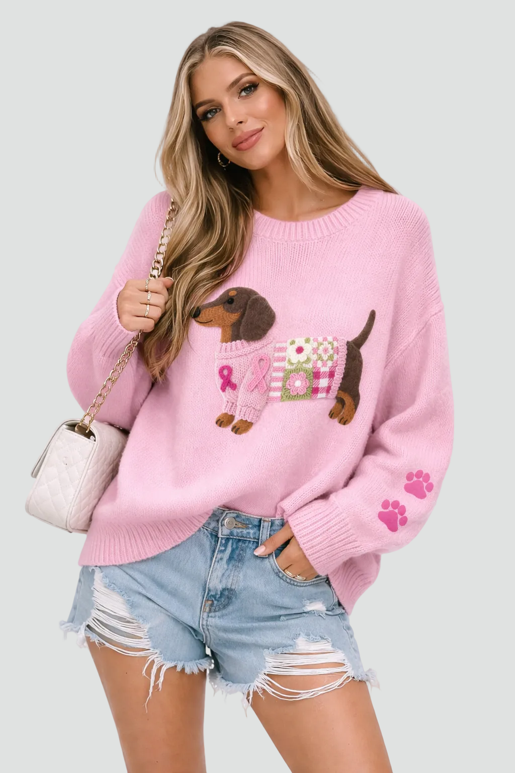 Women's Dachshund Graphic Knit Sweater with Paw Print Sleeves
