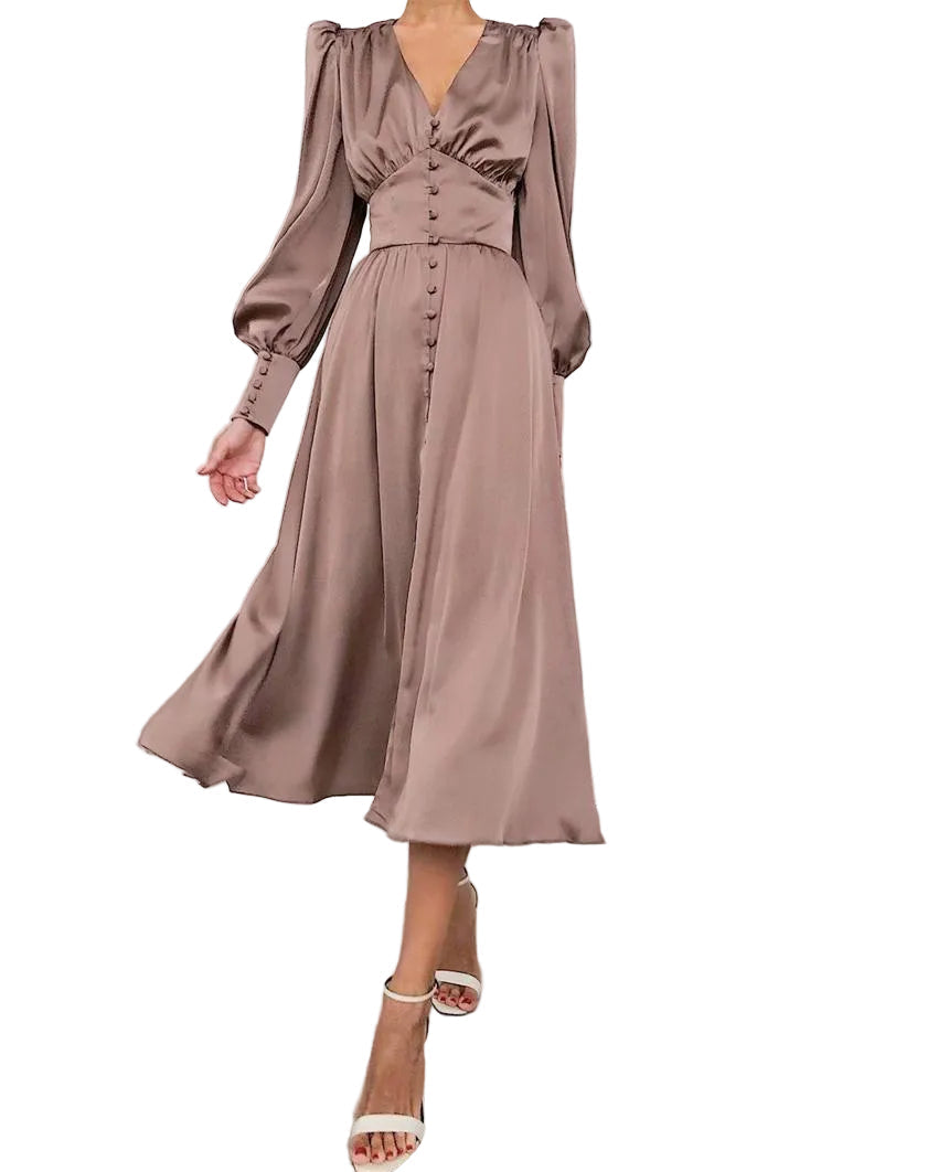 Women's V-Neck Button Front Long Sleeve Midi Dress