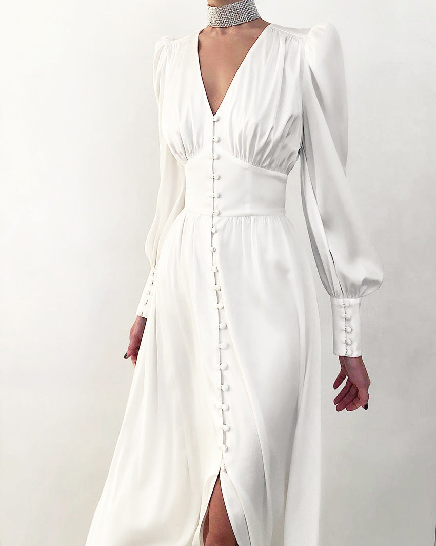 Women's V-Neck Button Front Long Sleeve Midi Dress