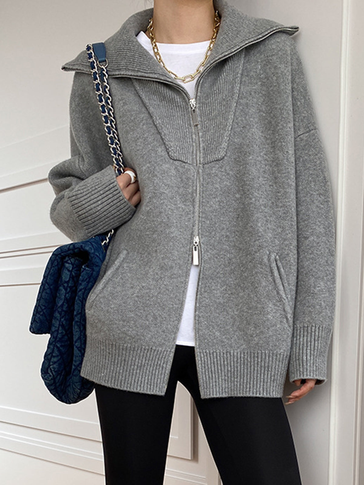 Cardigan ample à demi-zip pour femme | Pull en maille décontracté