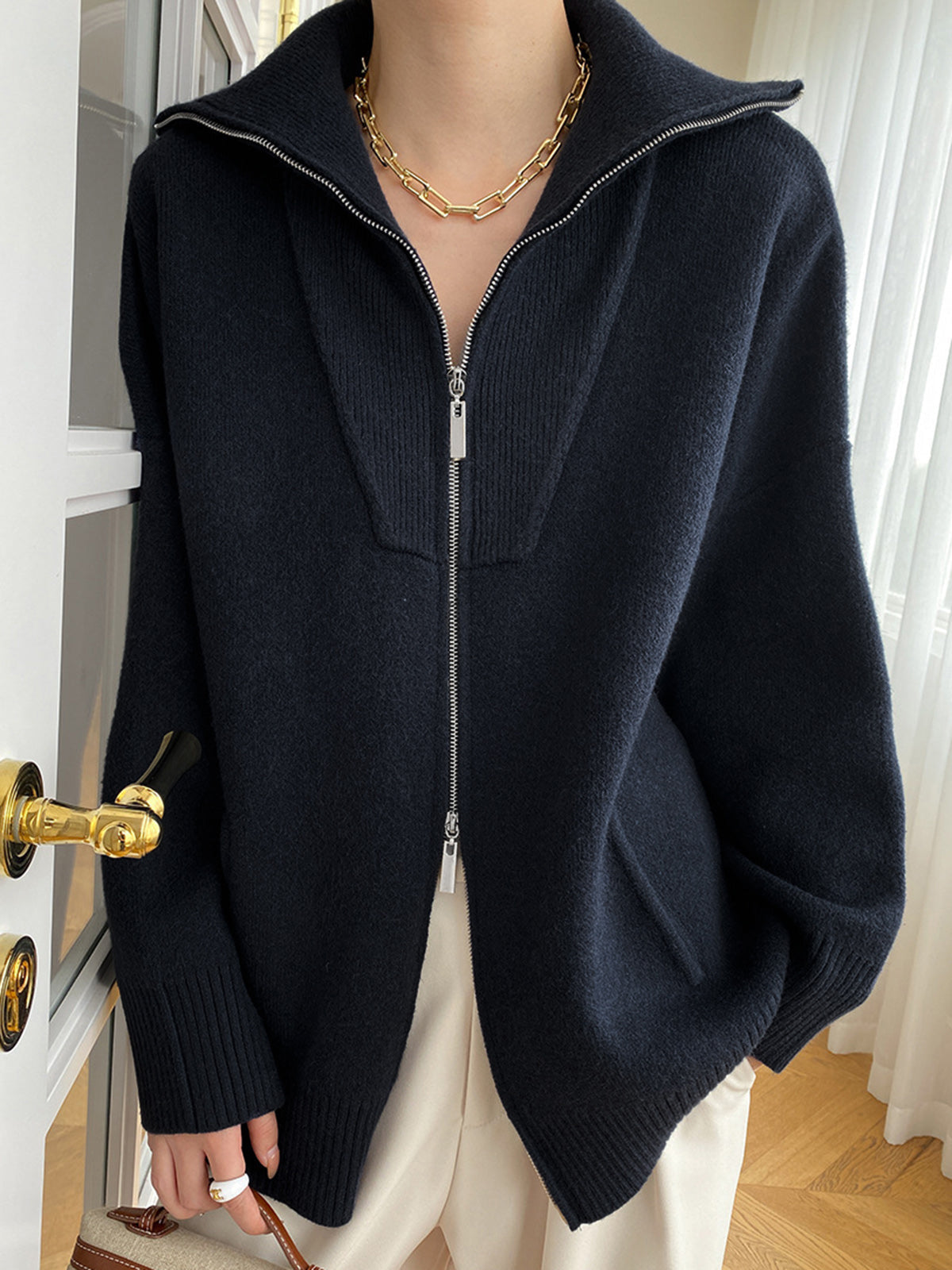 Cardigan ample à demi-zip pour femme | Pull en maille décontracté
