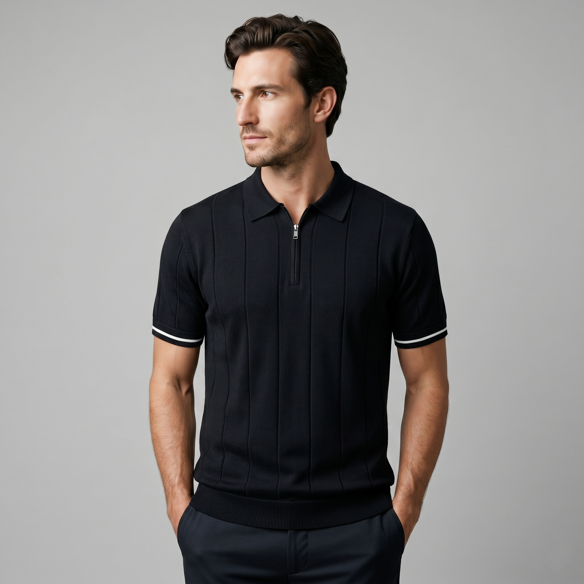 Men's Ribbed Quarter-Zip Polo Shirt with Contrast Trim