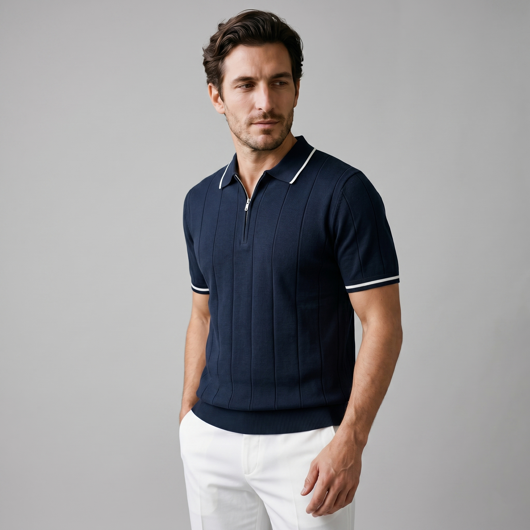 Men's Ribbed Quarter-Zip Polo Shirt with Contrast Trim