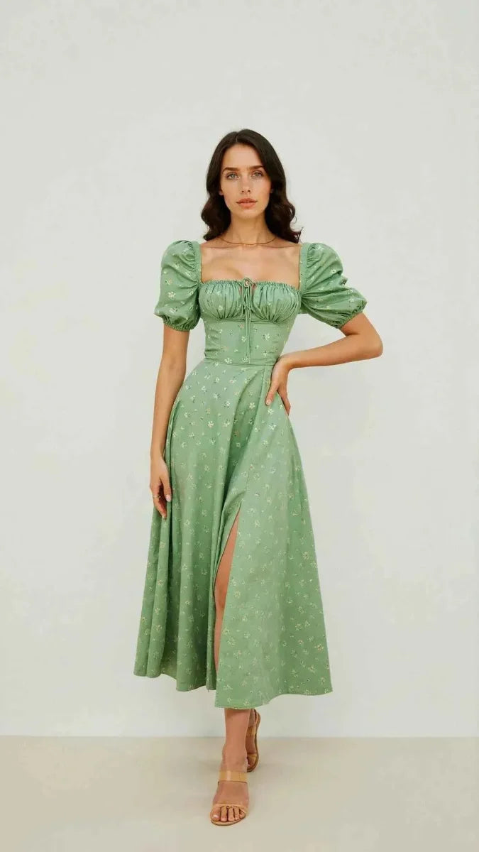 Women's Square Neck Midi Dress with Puff Sleeves