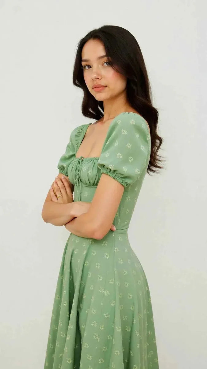 Women's Square Neck Midi Dress with Puff Sleeves