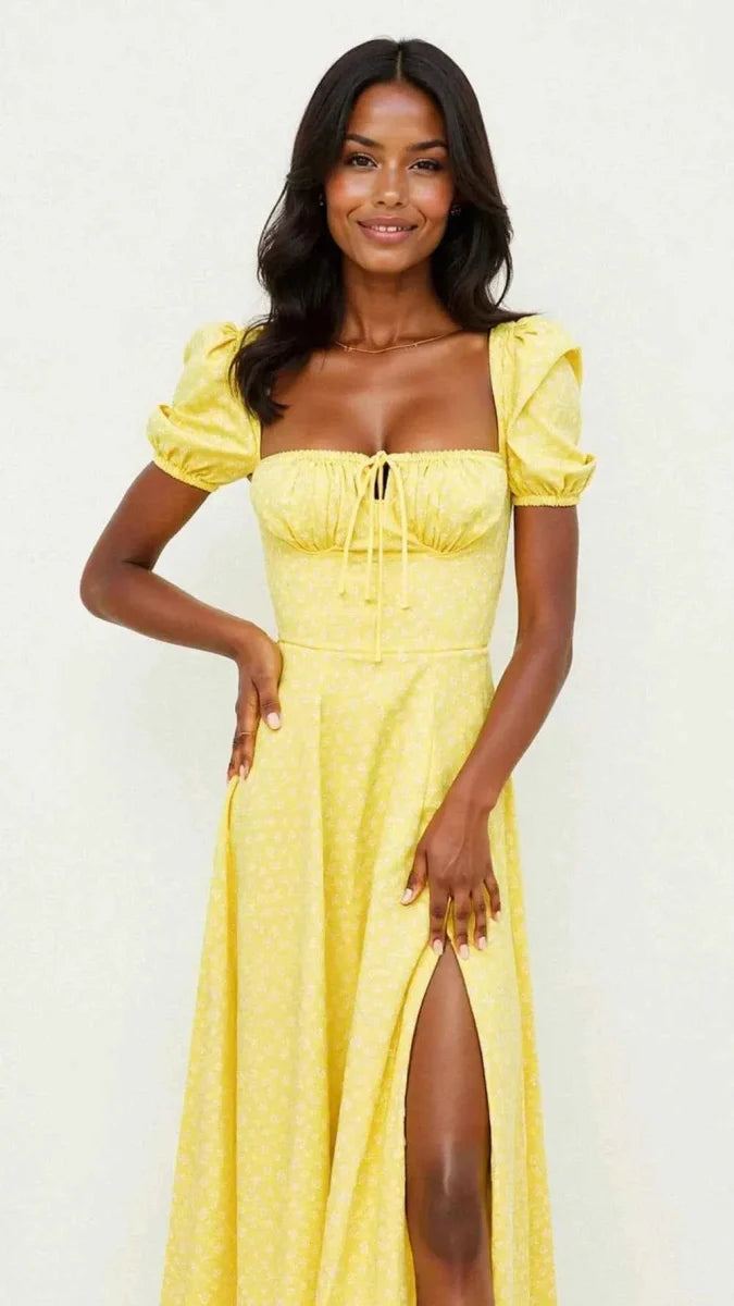 Women's Square Neck Midi Dress with Puff Sleeves