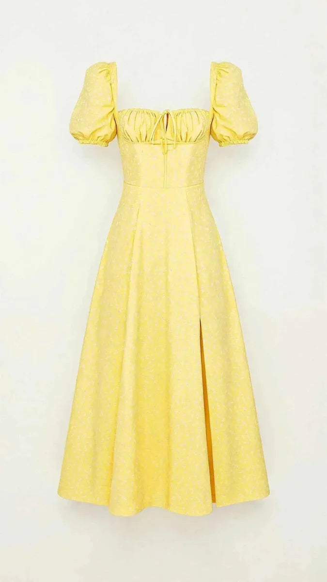 Women's Square Neck Midi Dress with Puff Sleeves