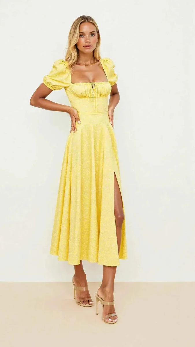Women's Square Neck Midi Dress with Puff Sleeves